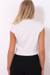 Leanora White Ribbed Tie Front Crop Top