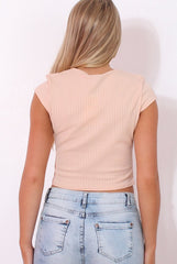Leanora Nude Ribbed Tie Front Crop Top