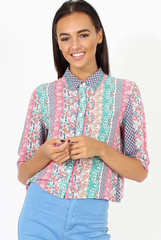 Pink Folk Print Cropped Shirt - Tiff