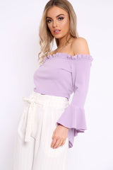 Lilac Bardot Frill Crop Top with Flared Sleeves - Tiffy