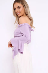 Lilac Bardot Frill Crop Top with Flared Sleeves - Tiffy