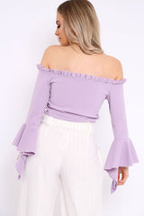 Lilac Bardot Frill Crop Top with Flared Sleeves - Tiffy