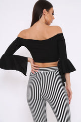 Black Bardot Frill Crop Top with Flared Sleeves - Tiffy