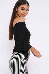 Black Faux Suede Bardot Frill Crop Top with Flared Sleeves - Tiffy
