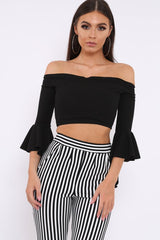 Black Faux Suede Bardot Frill Crop Top with Flared Sleeves - Tiffy