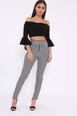 Black Faux Suede Bardot Frill Crop Top with Flared Sleeves - Tiffy