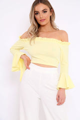 Yellow Bardot Frill Crop Top with Flared Sleeves - Tiffy