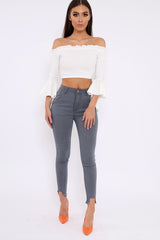 White Bardot Frill Crop Top with Flared Sleeves - Tiffy