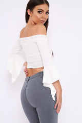 White Bardot Frill Crop Top with Flared Sleeves - Tiffy