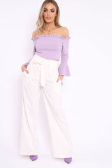 Lilac Bardot Frill Crop Top with Flared Sleeves - Tiffy