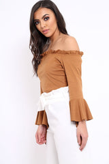 Camel Faux Suede Bardot Frill Crop Top with Flared Sleeves - Tiffy
