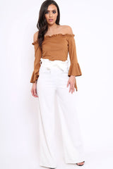 Camel Faux Suede Bardot Frill Crop Top with Flared Sleeves - Tiffy