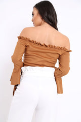 Camel Faux Suede Bardot Frill Crop Top with Flared Sleeves - Tiffy