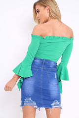 Green Bardot Frill Crop Top with Flared Sleeves - Tiffy