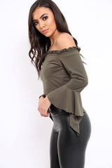 Khaki Faux Suede Bardot Frill Crop Top with Flared Sleeves - Tiffy