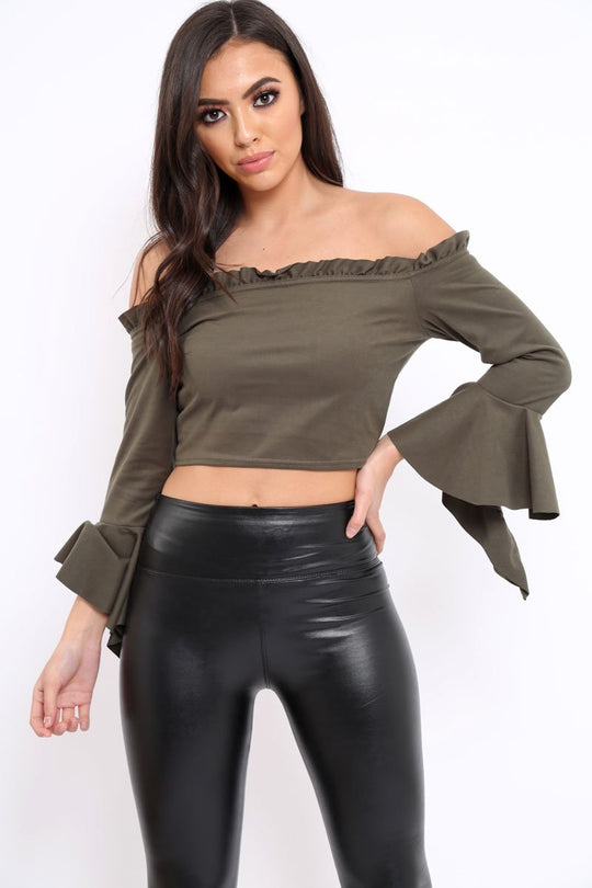 Khaki Faux Suede Bardot Frill Crop Top with Flared Sleeves - Tiffy