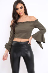 Khaki Faux Suede Bardot Frill Crop Top with Flared Sleeves - Tiffy
