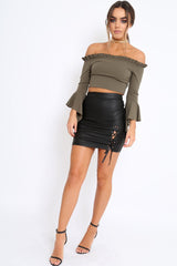 Black Coated Side Lace Up Mini Skirt - Lilita