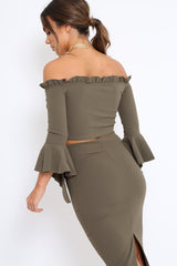 Khaki Bardot Frill Crop Top with Flared Sleeves - Tiffy
