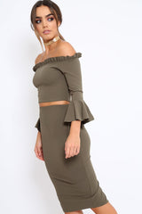 Khaki Bardot Frill Crop Top with Flared Sleeves - Tiffy