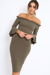 Khaki Bardot Frill Crop Top with Flared Sleeves - Tiffy