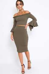 Khaki Bardot Frill Crop Top with Flared Sleeves - Tiffy