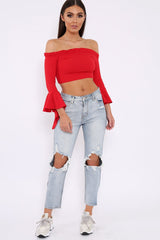 Red Bardot Frill Crop Top with Flared Sleeves - Tiffy