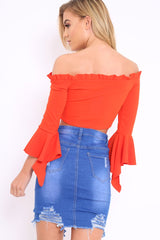 Orange Bardot Frill Crop Top with Flared Sleeves - Tiffy