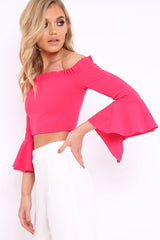 Fuchsia Bardot Frill Crop Top with Flared Sleeves - Tiffy