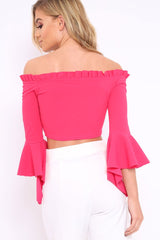 Fuchsia Bardot Frill Crop Top with Flared Sleeves - Tiffy