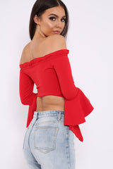 Red Bardot Frill Crop Top with Flared Sleeves - Tiffy