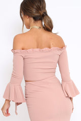 Rose Bardot Frill Crop Top with Flared Sleeves - Tiffy