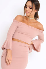 Rose Bardot Frill Crop Top with Flared Sleeves - Tiffy