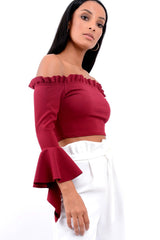 Wine Bardot Frill Crop Top with Flared Sleeves - Tiffy