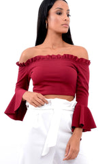 Wine Bardot Frill Crop Top with Flared Sleeves - Tiffy