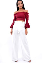 Wine Bardot Frill Crop Top with Flared Sleeves - Tiffy