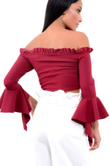 Wine Bardot Frill Crop Top with Flared Sleeves - Tiffy