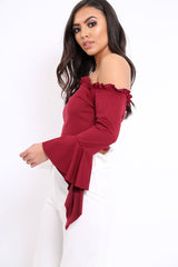 Wine Faux Suede Bardot Frill Crop Top with Flared Sleeves - Tiffy