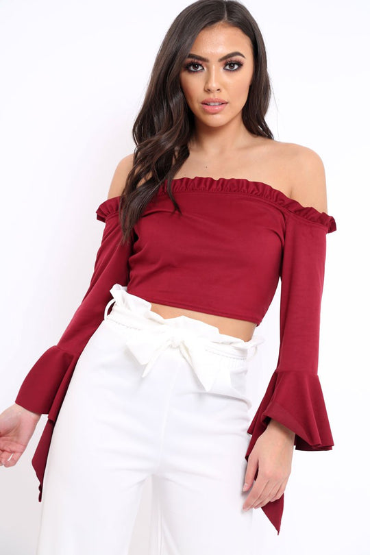 Wine Faux Suede Bardot Frill Crop Top with Flared Sleeves - Tiffy
