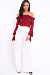 Wine Faux Suede Bardot Frill Crop Top with Flared Sleeves - Tiffy