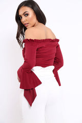 Wine Faux Suede Bardot Frill Crop Top with Flared Sleeves - Tiffy