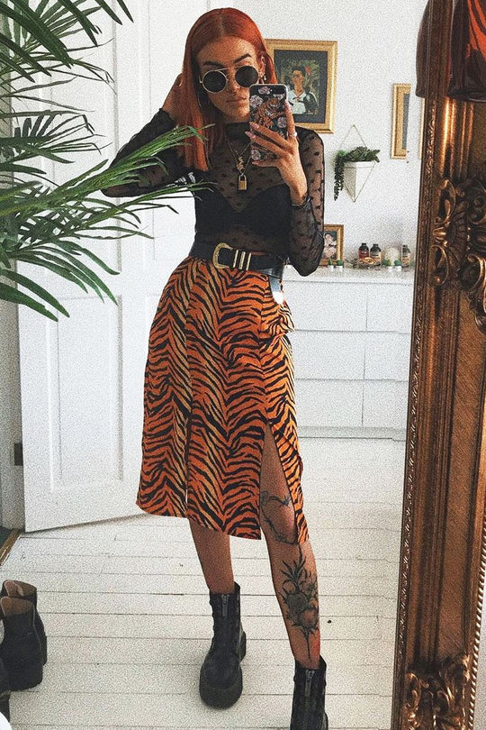 Orange Tiger Print Split Front Midi Skirt - Jayne
