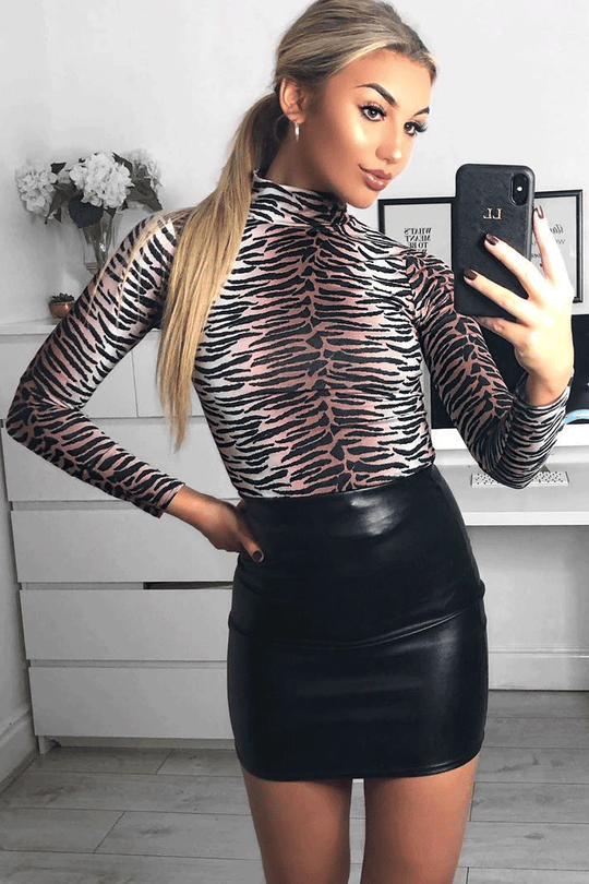 Nude Long Sleeve Tiger Print Bodysuit - Reylee