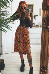 Orange Tiger Print Split Front Midi Skirt - Jayne