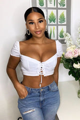 White Lace Up Sweetheart Puff Sleeve Crop Top - Kandis