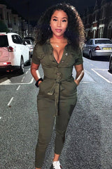 Khaki Denim Short Sleeve Button Up Belted Waist Boilersuit - Stevie