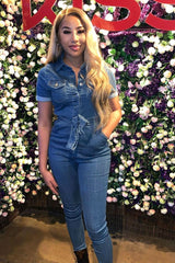 Mid Blue Denim Short Sleeve Button Up Belted Waist Boilersuit - Stevie