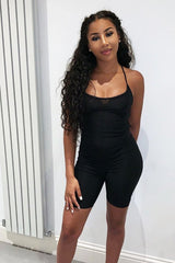 Black Slinky Halter Neck Unitard Playsuit - Dalia