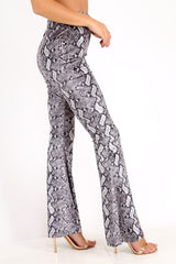 Grey Snake Print Velvet Flare Trousers - Tillee