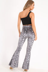 Grey Snake Print Velvet Flare Trousers - Tillee